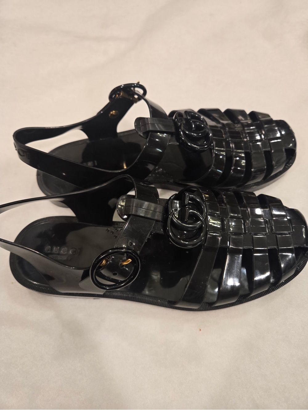 Gucci Black Glossy Woven Gladiator Jelly Slingback Sandals